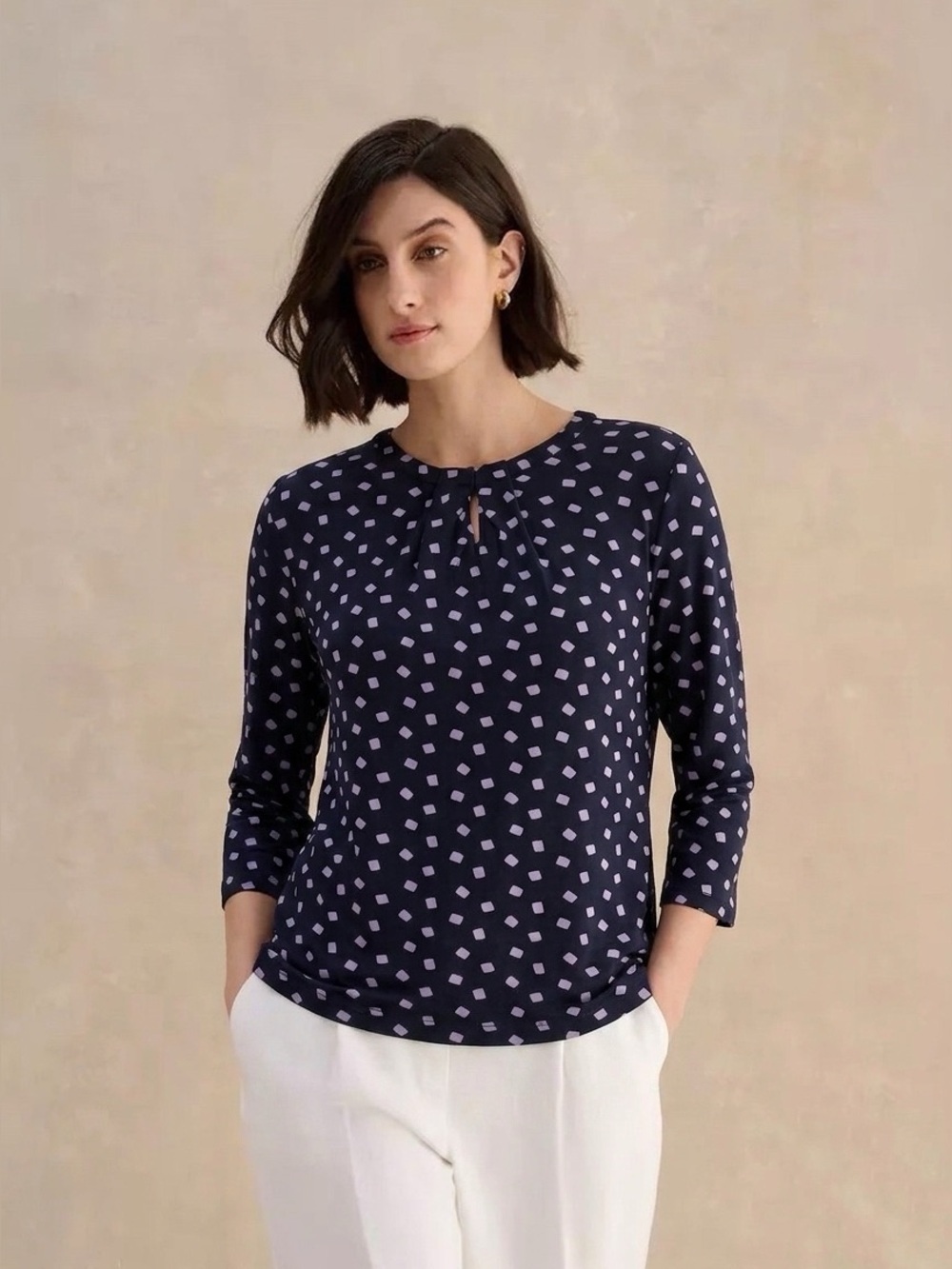 098 HOBBS LONDON Women’s Julia Printed Round Neck 3/4 Sleeve Top- Purple, Medium